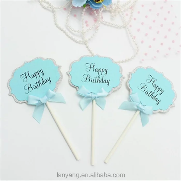HAPPY BIRTHDAY CAKE PICK TOPPER DECORATION GLITTERED SPARKLY BLUE PINK PAPER PICKS
