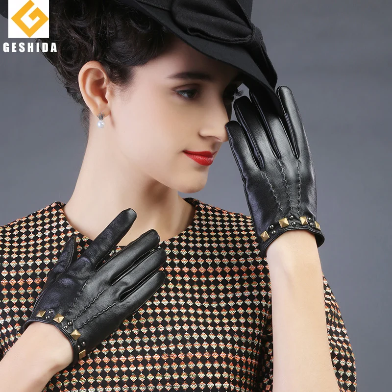 Удобные женские элегантные заклепки украсить полный палец Сенсорный экран кожаные