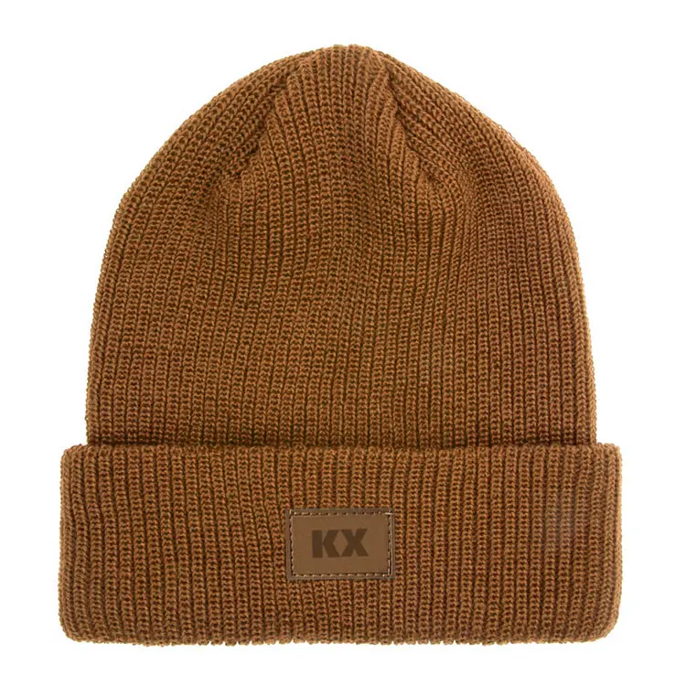 winter hat with brown leather patch