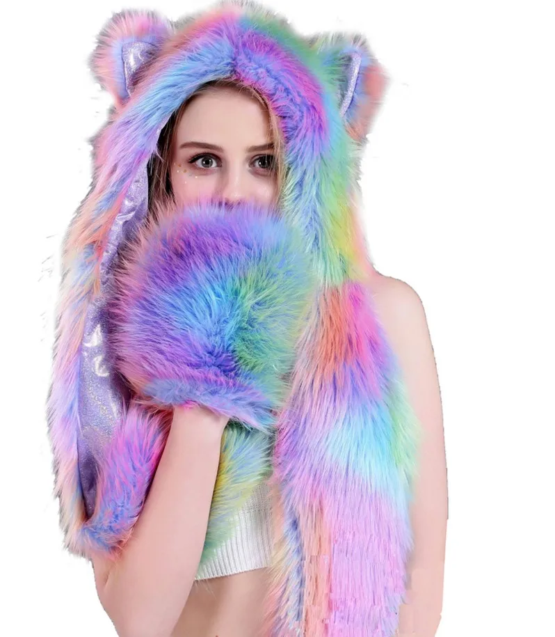 B593 Colorful Rave Animal Furry Hat 