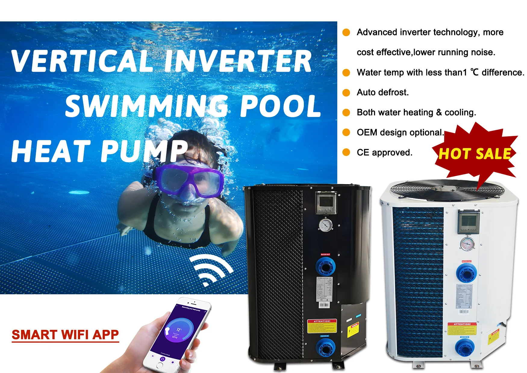 3-30kW High Efficient Titanium Air Source Vertical Swimming Pool Heat Pump Water Heater Cooler with WIFI Remote Control