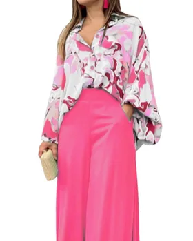 Loose large size casual printed shirt top wide leg trousers 2 piece set women fall 2023 No reviews yet 2 buyers