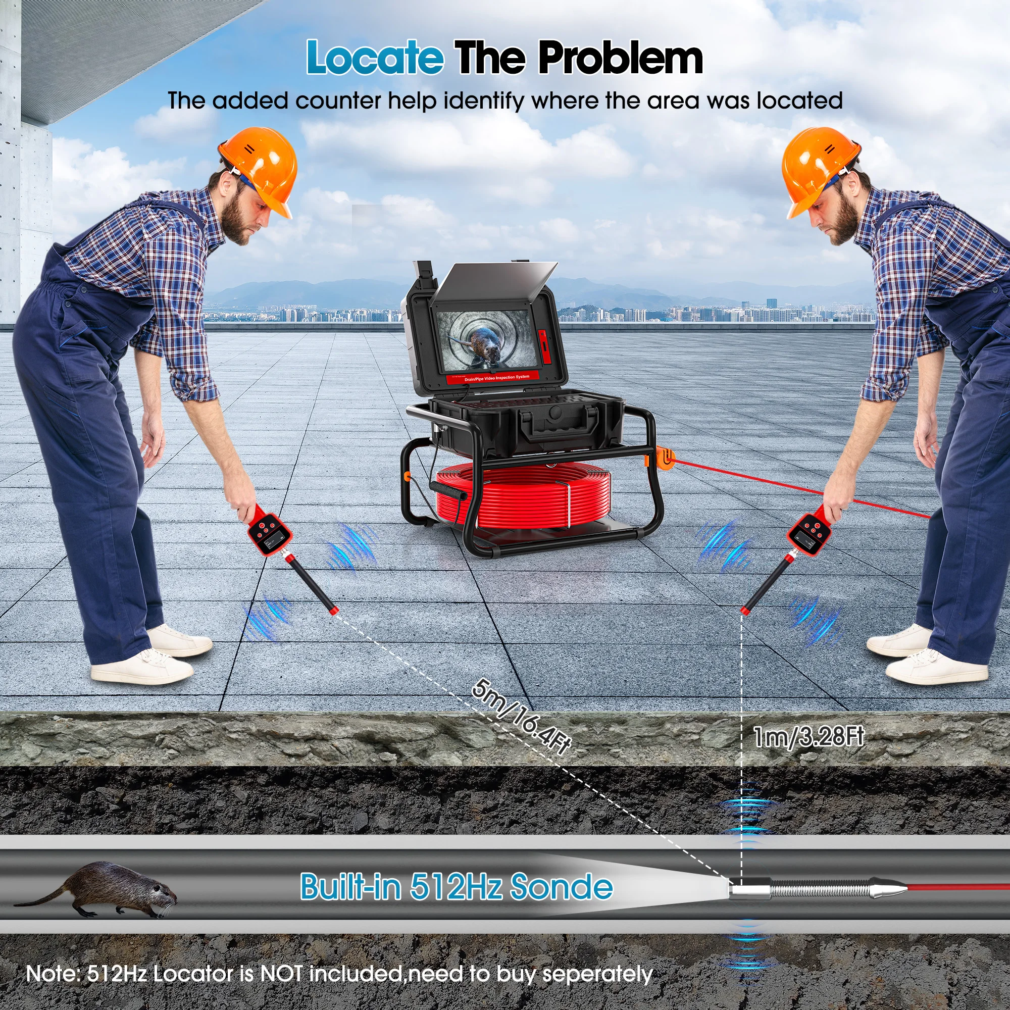 Self-leveling&512Hz Sonde&Locator Sewer Camera 10.1inch Touch Screen Meter Counter Pipe Inspection Video Camera 16GB Card Drain Camera details