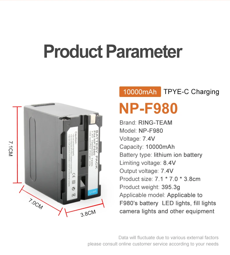 7.4V 10000mAh NP-F980 Battery Pack With Type-C NPF980 Lithium ion Batteries for Sony PLM-100 CCD-TRV35 MVC-FD91 MC1500C Cameras manufacture