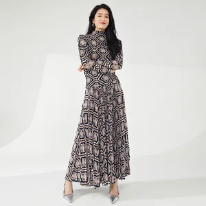 Miyake Women's Summer Casual Two-Piece Set Fashionable Elastic Printed Top A-Line Skirt Turtleneck Polyester Floral Pattern