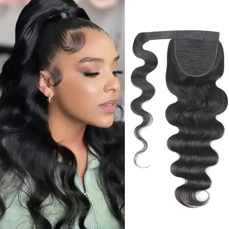 Coda di cavallo avvolgente con capelli umani ondulati, clip in capelli Remy, colore naturale, resistente al calore_voghion.com