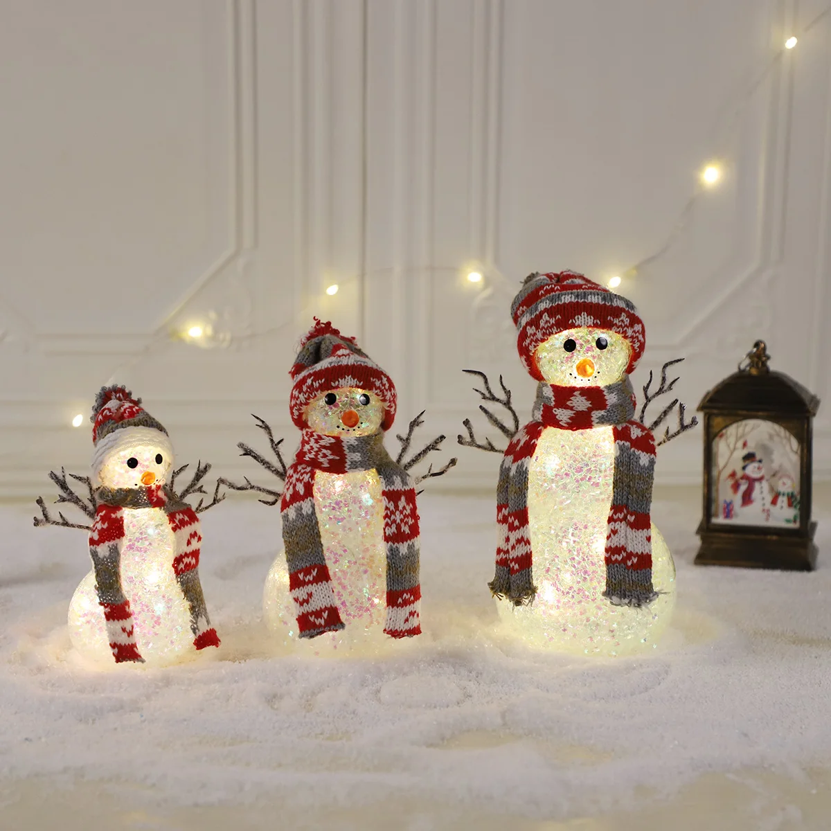 Light up tabletop blown glass christmas decoration items indoor glowing sequins snowman set LED light  ornaments decor