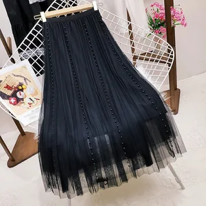 Y2k Goth Summer Black Crystal Mesh High Waist Tulle Skirt Flared High-quality Chineses Style Top for Women
