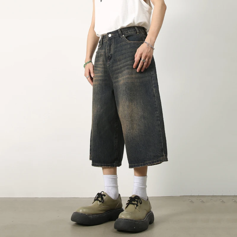 WS-017 High Street Baggy Loose Fit Half Length Jeans Shorts Cotton Skate  Plus Size Streetwear Men's Denim Jorts