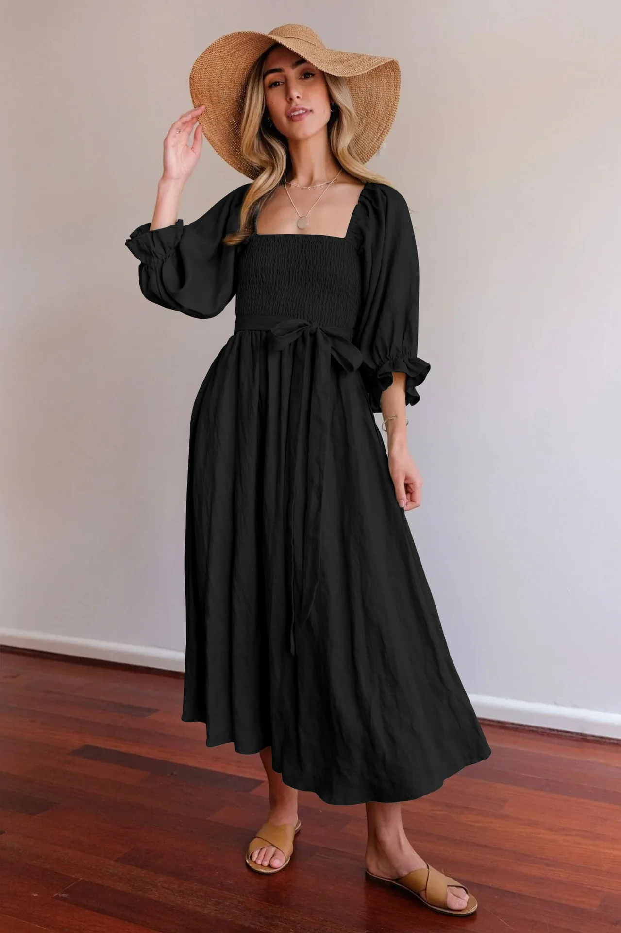 Women Wear Elegant Long Evening Party Dress Square Neck Long Sleeve High Waist Elegant A-Line Dresses