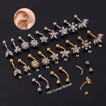 Curve Dold Silver Stainless Steel Barbell Copper CZ Labret Ear Daith Tragus Helix Snug Rook Piercing Jewelry
