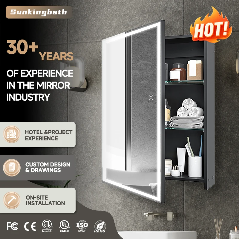 Hotel LED Stainless Steel Rectangle Bathroom Vanities Mirrored Cabinets Gabinete De Espejo Bathroom Medicine Cabinet with Mirror