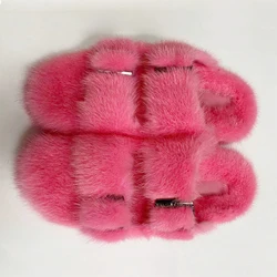 Luxury Slippers Women with Fur House Slides Indoor Slippers Real Mink Diamond Buckle Adult Plush Sandal
