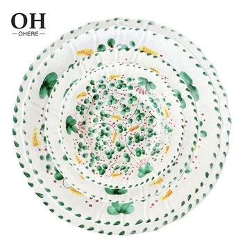 Newest Embossed Ceramic Plate Green Flower Pattern Wedding Charger Plate Classic Stereo Irregular Bone China Dinner Plate