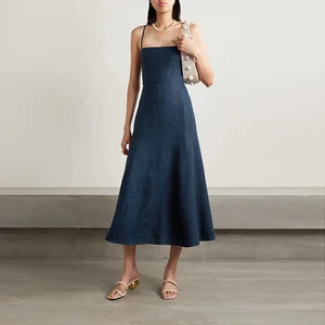 Clothing Manufacturer Custom Spring Summer Navy Color square Neck Sleeveless Elegant Casual Women Hemp Midi Dress