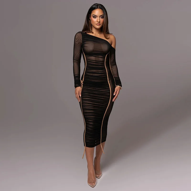 Liu Ming Spring Summer Collection Elegant Long Sleeved Vintage French Backless Bodycon Dress Ruched Empire Lace Breathable