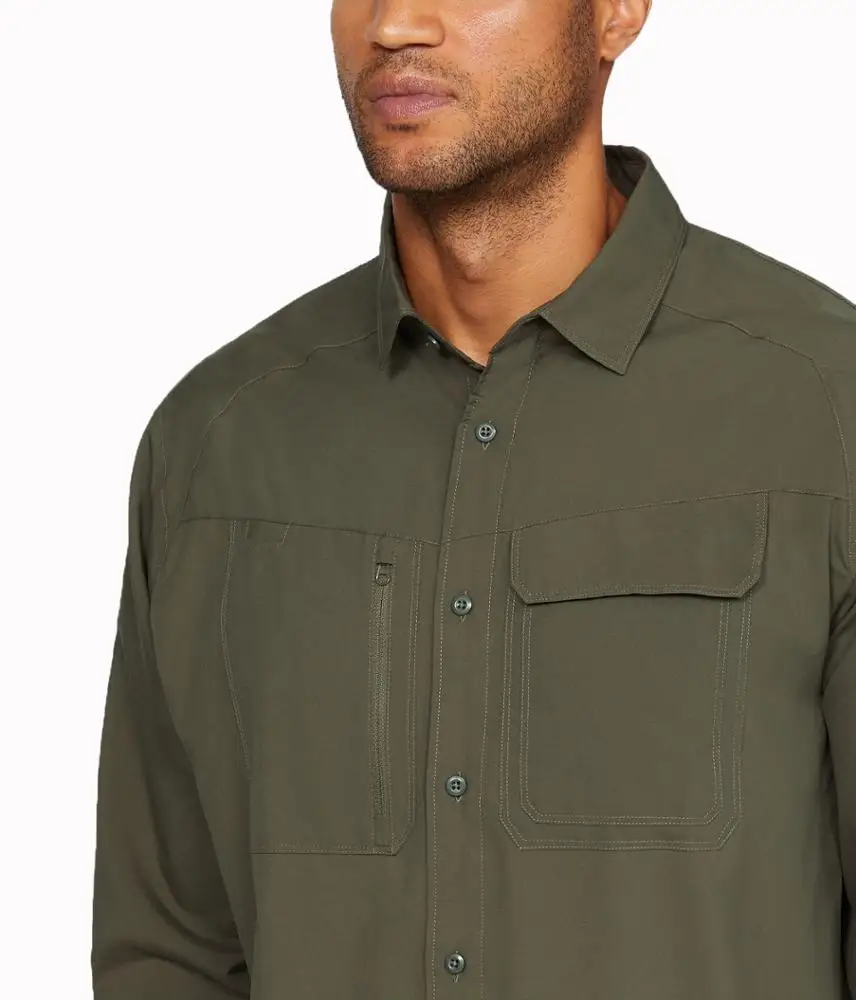 Рубашка рыболовная быстросохнущая армейского зеленого цвета с длинными рукавами и карманами, 100% полиэстер