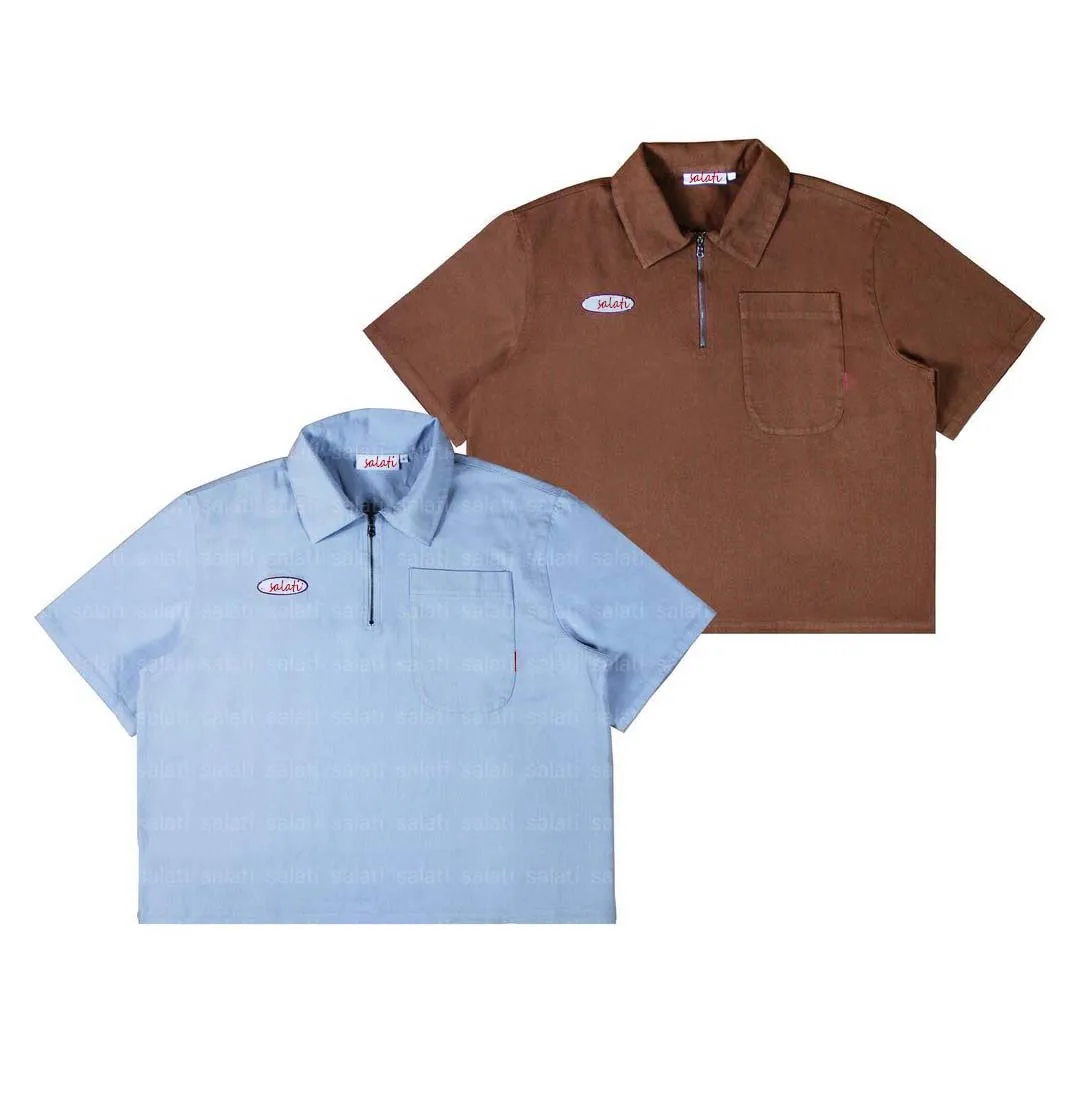 Salati Custom Logo Quarter Zipper 100% Cotton Embroidered Short Sleeve Acid Wash T-shirt Work Cropped T Shirt Men's Polo Shirts