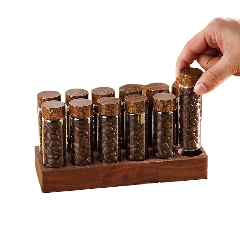 Tubes De Stockage Café En Verre Avec Support Noyer - 12 Pièces