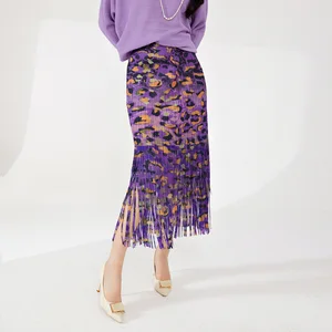 2025 Latest Women's Vintage-Style A-Line Skirt Pleated Fringed Breathable Stretch Print Natural Waistline Tassel Decoration