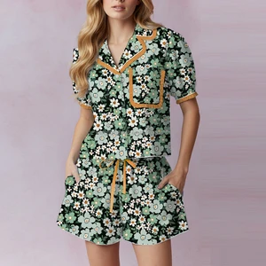 Summer Floral Print Loungewear Short Sleeve Puff Collar Top Drawstring Shorts Ruffle Edge Cute Loose Pajama Set Women