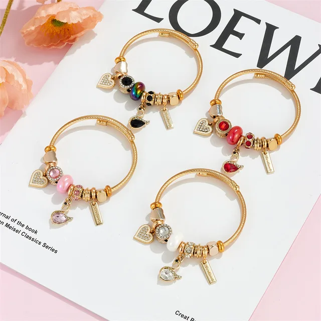 High quality gold plated stainless steel heart crystal bird charm bracelet large hole beads adjustable bangle bracelet for women