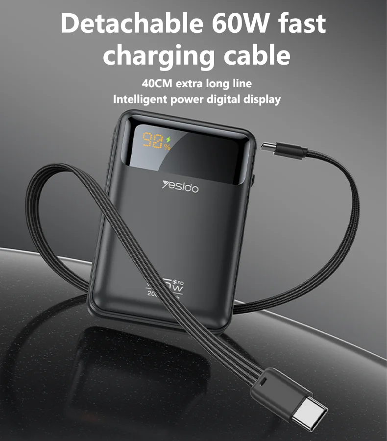 Yesido 20000mAh PD65W Fast Charging Digital Display With 40cm Long Type-C Cable Power Bank Rechargeable Notebook YP97
