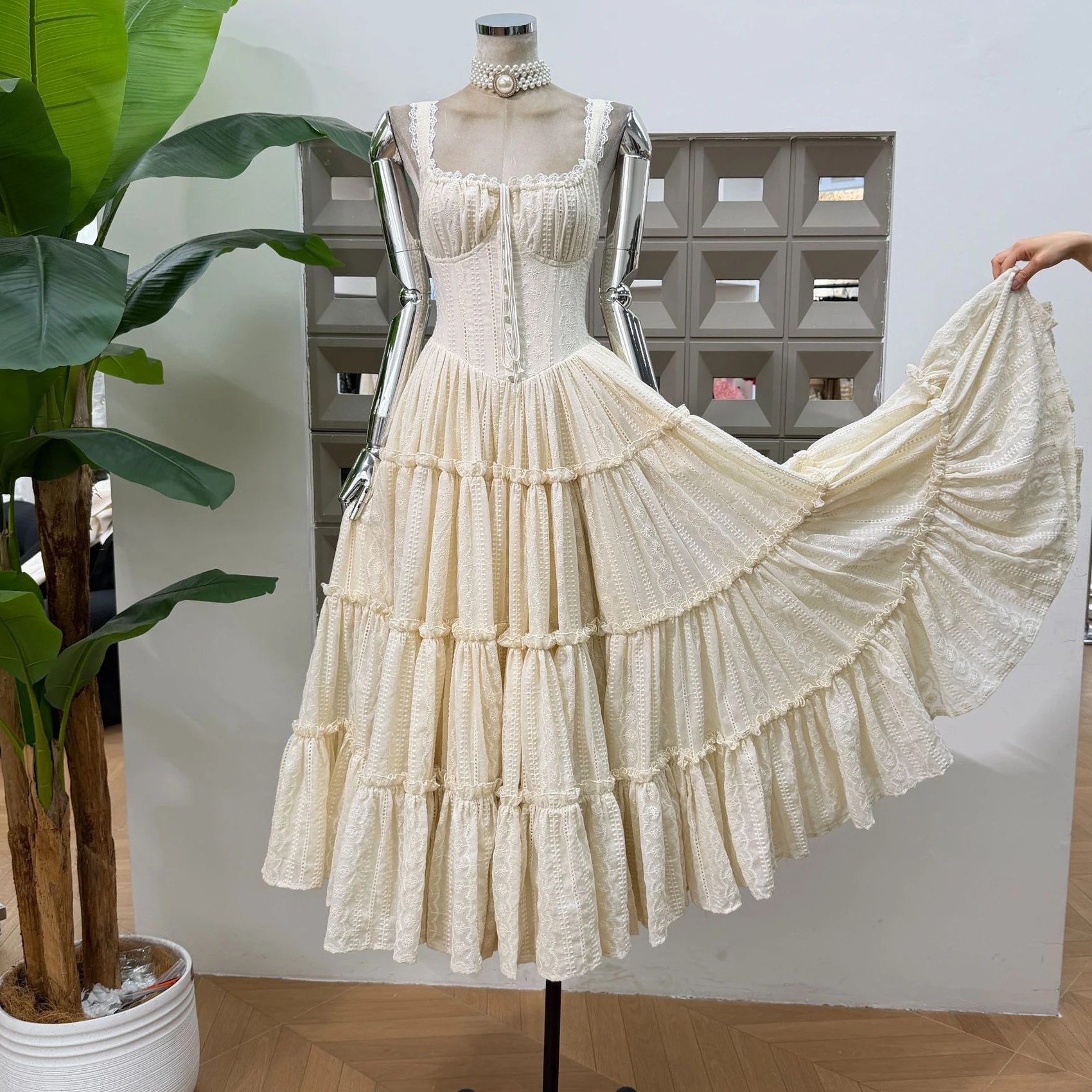 Light Luxury Boutique Women's Summer New Embroidered Camisole Dress Long Lace up Dress