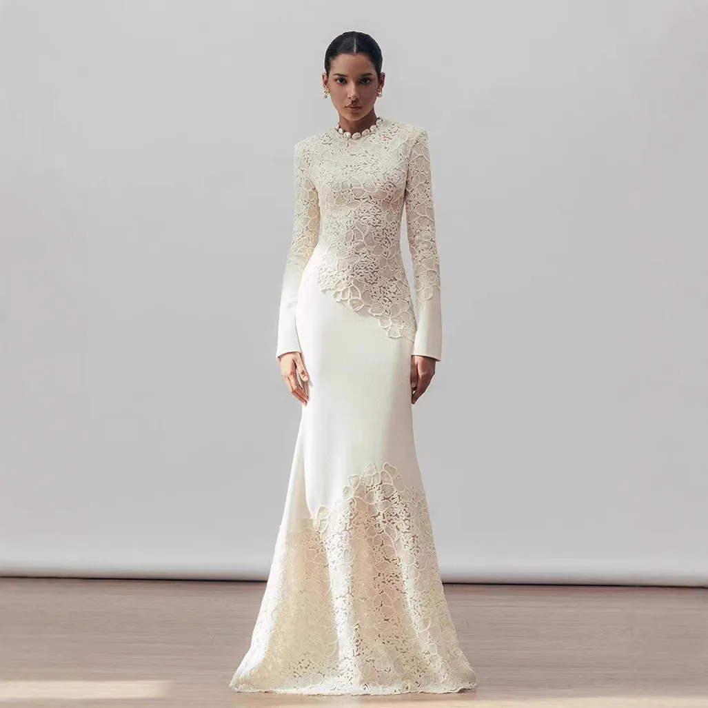 Fashion Design Luxury High Quality Vintage Tight Banquet Elegant Hook Flower Fishtail White Dress
