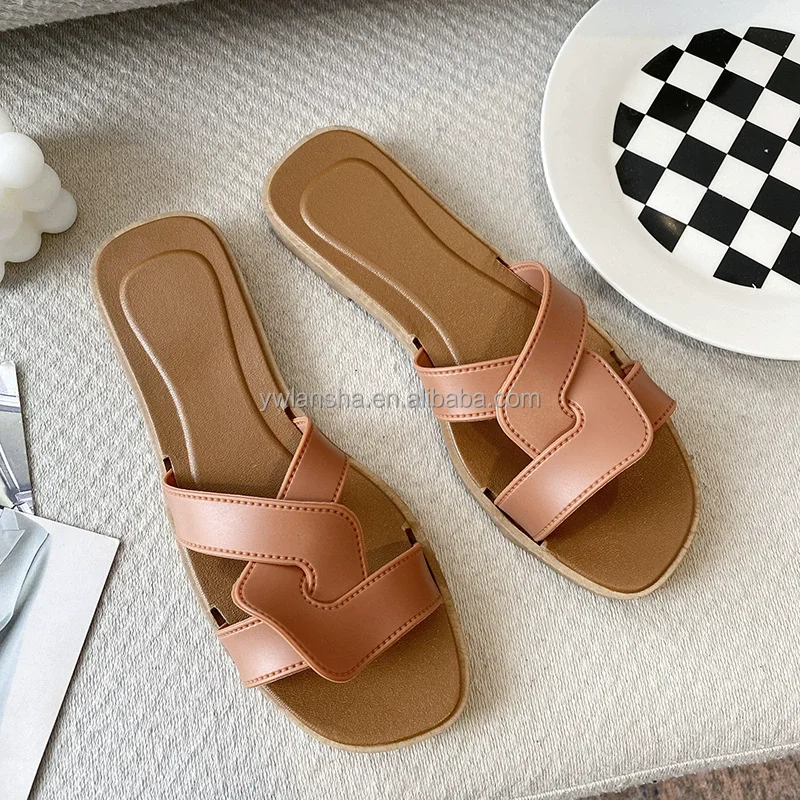 High Quality Cheap Wholesale Faux PU Leather Flat Slippers for Women Casual  Daily Shoes Summer Sandals Slipper