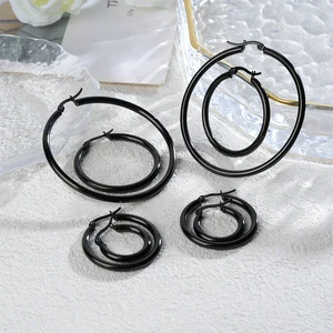 Cool Black Vintage Chromium Plated Huggie Hoop Earrings Trendy Multi Size Stainless Steel Fashion Street Jewelry Wholesale