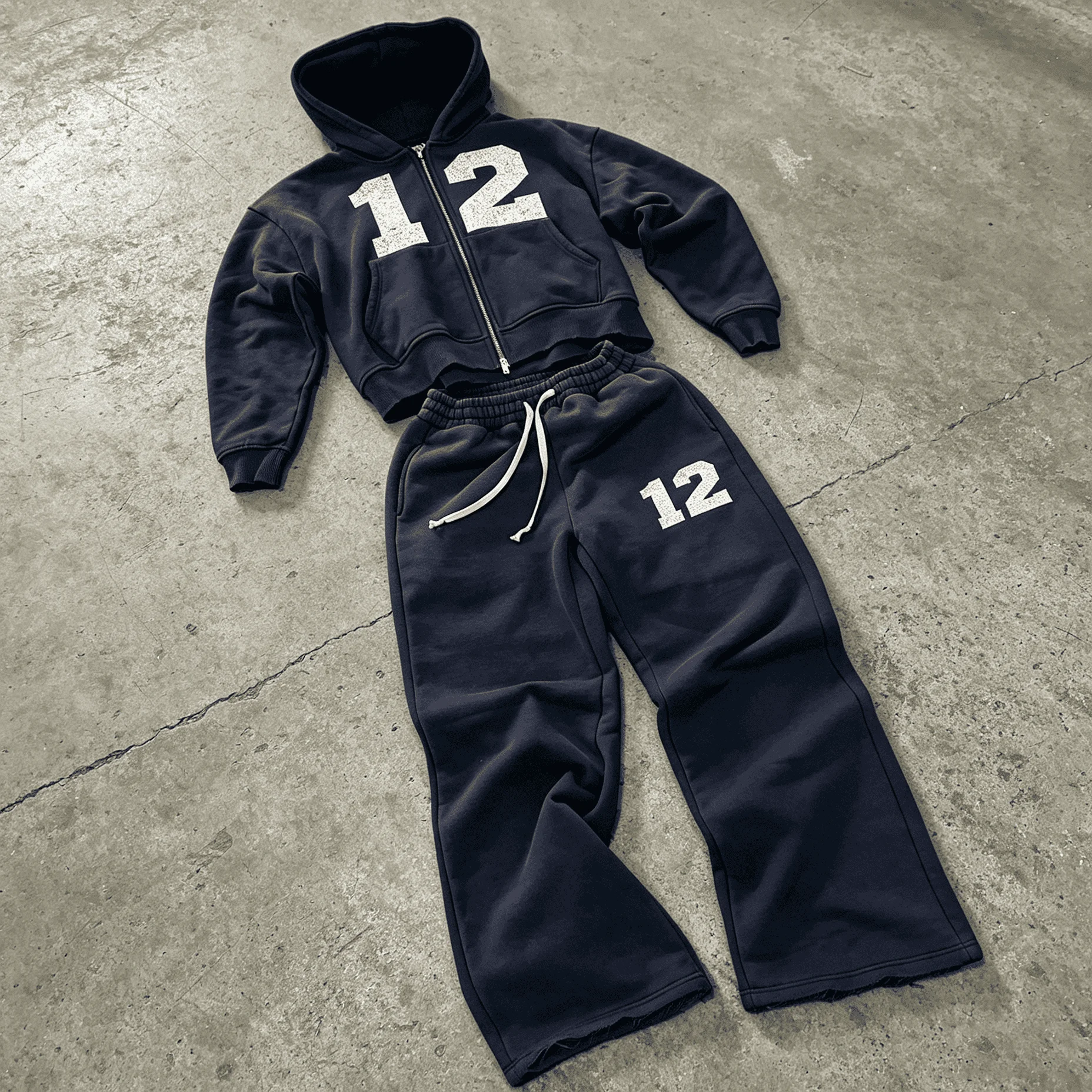 Custom Y2K Number Print Cropped Zip Up Hoodie And Wide Leg Sweatpants Heavyweight Vintage Washed Streetwear 2 Piece Set gallery 7