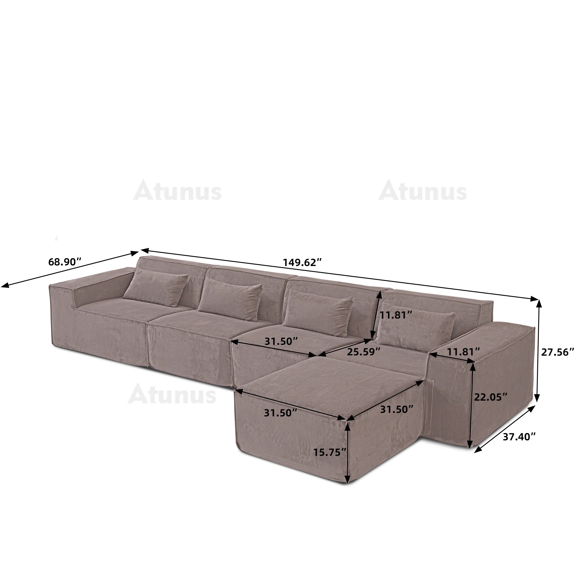 ATUNUS French Brown Compress in Stock White L Shape Sofa 4 Seater  Modular Sectional Sofa Corduroy Fabric Living Room Couch Set