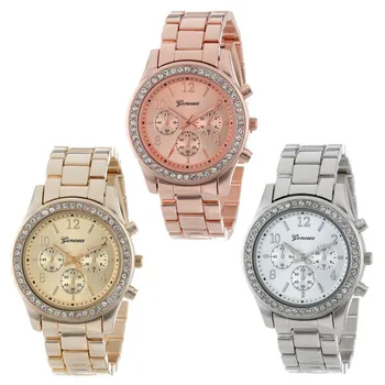 Hot Selling Ladies Diamond Stainless Steel Quartz Wrist Rose Gold Silver Geneva Watch For Women GW-1011