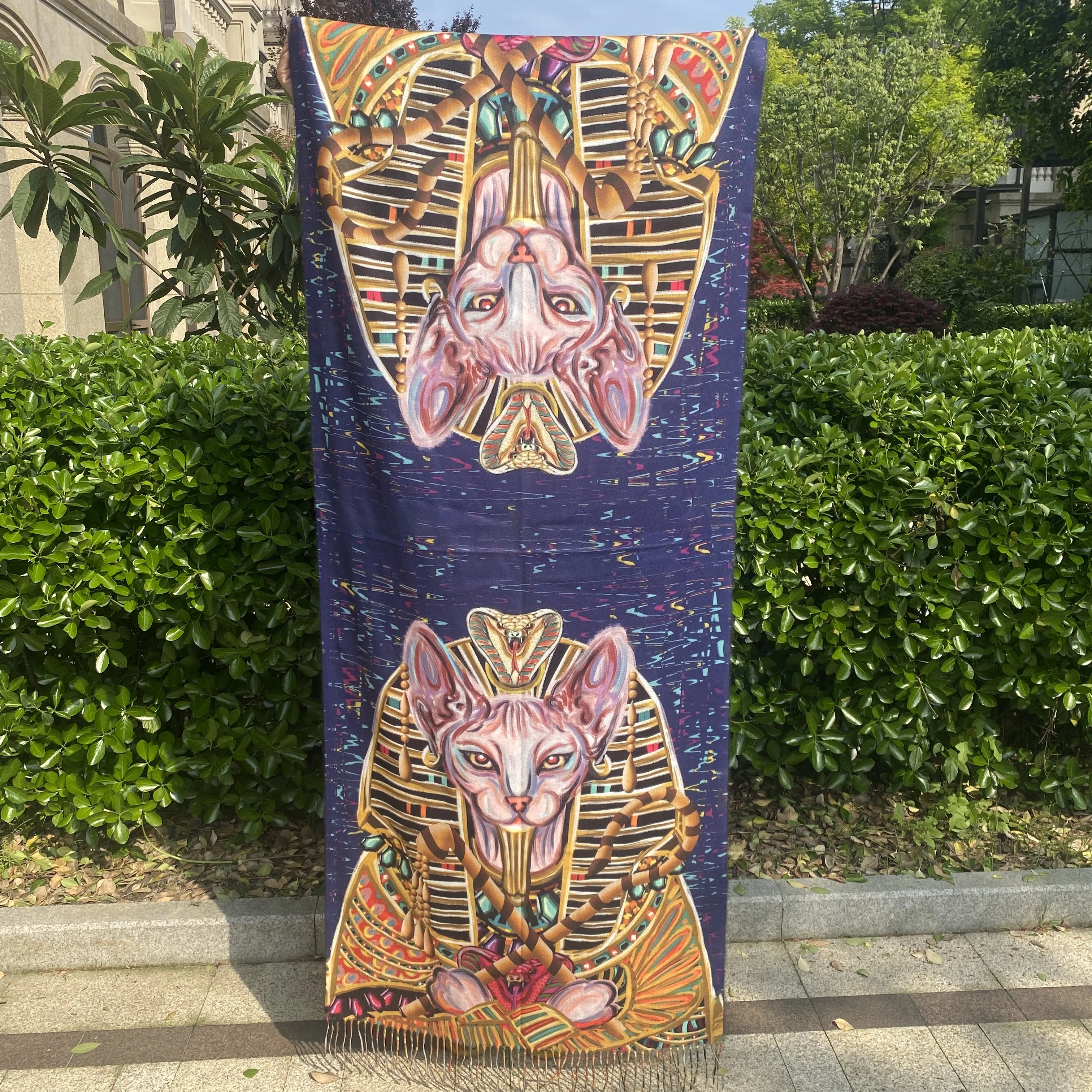 Custom Designed Logo Print Super Soft Wool Cashmere Pashmina Shawl Scarf Winter Festival Gift with Digital Printing Dot Pattern