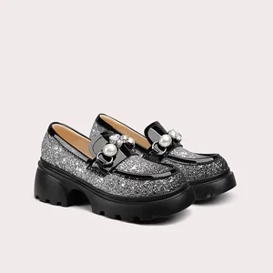Lily Wei Trendy Pearl Decor Loafers for Women Glitter Platform Sole for Daily Wear New Style Loafers Trendy Womens Shoes