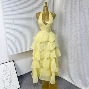 STOCK 5Colors Deep V-NECK Plunge Women Dress Ruffle Sleeveless Maxi Dress Beach Gown ONE SIZE