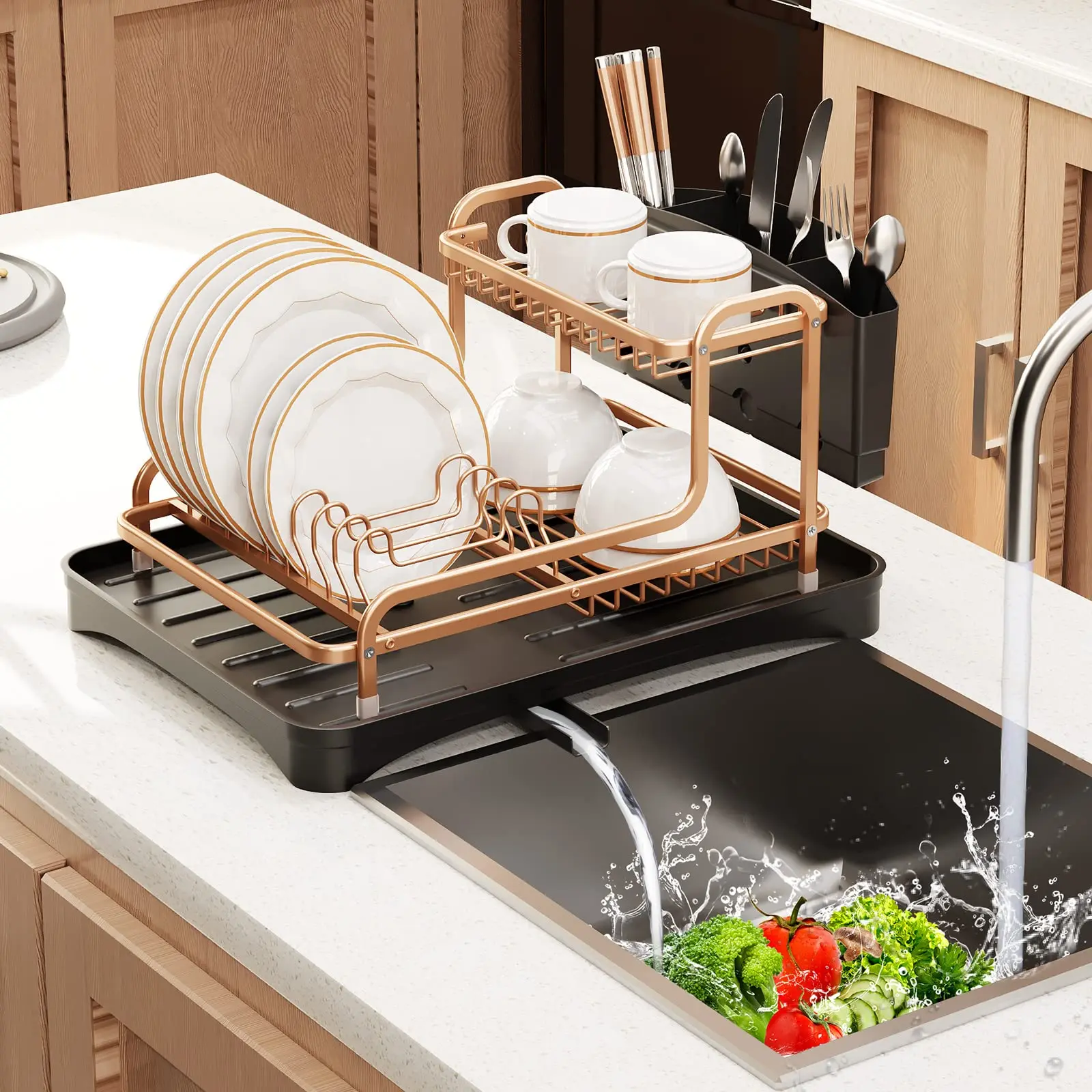 Kitchen Countertop Aluminum Rose Gold Rustproof Sink Dish Drainer Drying  Rack - Buy Kitchen Countertop Aluminum Rose Gold Rustproof Sink Dish  Drainer Drying Rack Product on