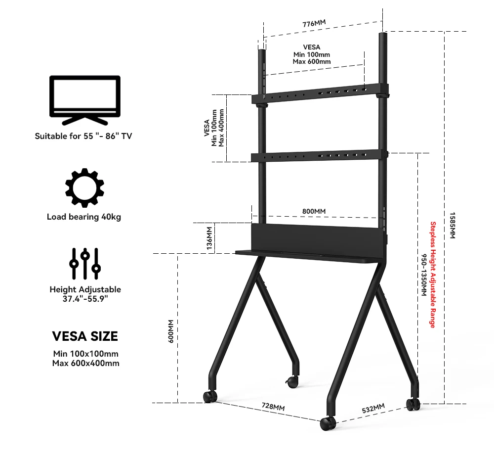 Universal Mobile Rolling Tv Cart Floor Stand For 55 - 86 Inch Lcd Led ...