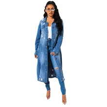 Hot Selling Women's Winter Long Jacket Ladies Button up Ripped Slim Fit Long Denim Jacket