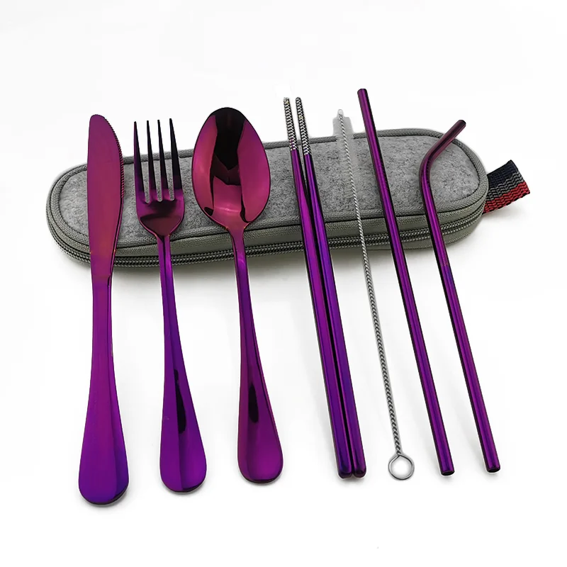 Portable 7Pcs/Set Outdoor Stainless Steel Spoon Fork Chopsticks Straws Cutlery. 
