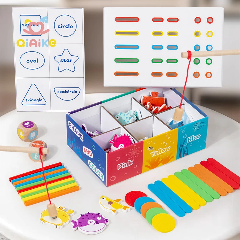 Holz-Angelspiel für Kinder Montessori Farb- und Formenerkennung Sortierbox Feinmotorik Lernspielzeug für Kinder