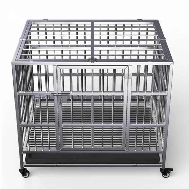 High quality stainless steel large dog crate foldable pet crate cat dog kennel with wheels modern metal dog metal crate