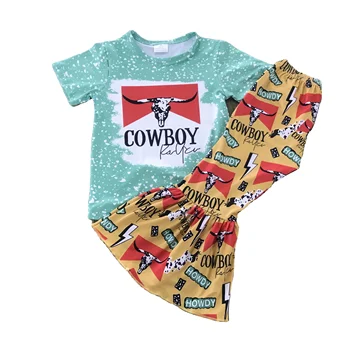 Summer short sleeve cowboy hot sale girls two piece bell bottom sets kids boutique clothing