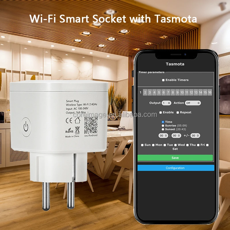 Tasmota WiFi Smart Plug German Power Socket 16A 220V with Energy Monitoring Remote Control Time Shedule Alexa Home Assistant