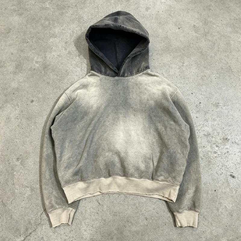 Custom Mens Pullover Hoodie Jacket Acid Wash French Terry Embroidered Blank Cropped Boxy Vintage Distressed Y2k Sweatshirt gallery 9