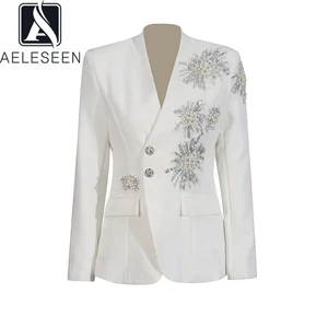 AELESEEN Office Ladies Elegant Blazer Women 2026 Spring New Design Fashion Luxury Pearls Beading Embroidery White Black Coat