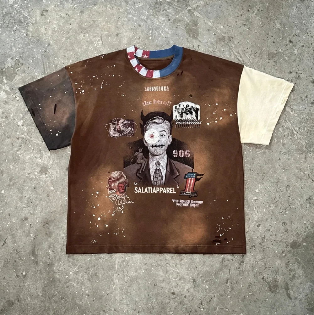 Vintage Acid Wash Streetwear Oversized Graphic Tee Urban Saints Cracked Print Drop Shoulder Heavy Cotton Custom T Shirt