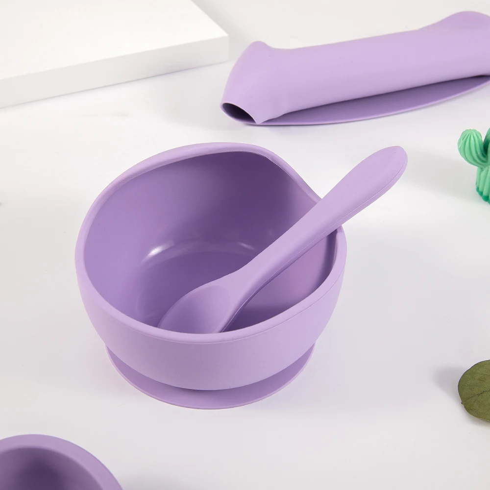 Customizable lovely simple solid silicone feeding set bib fork spoon bowl cup set Easy to clean details