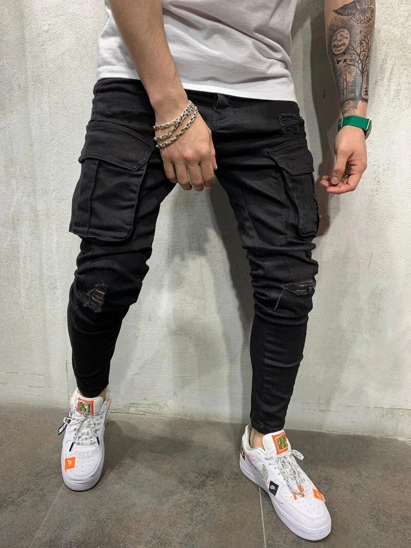 2021 Popular Style Men Multi Pockets Cargo Pants Stretchy Slim Fit Ripped Jeans